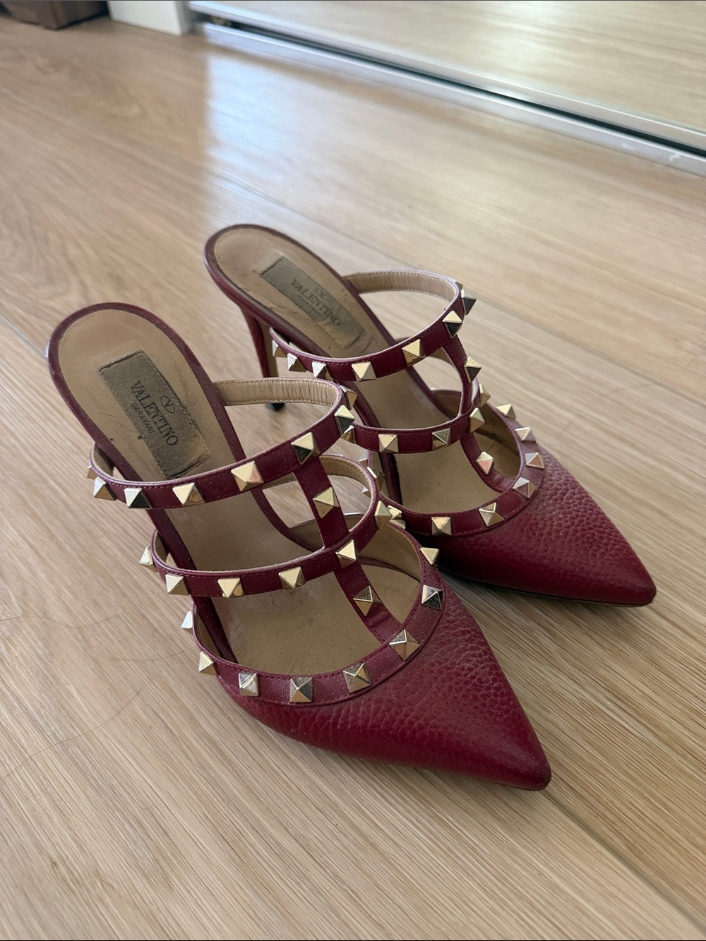 Valentino Berry Red Leather Pointed Rockstud Triple-Strap Mule Heels